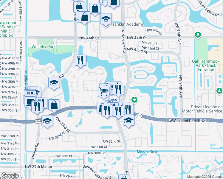 map of restaurants, bars, coffee shops, grocery stores, and more near 10006 Winding Lake Road in Sunrise