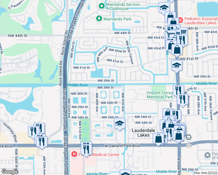 map of restaurants, bars, coffee shops, grocery stores, and more near 4806 Northwest 36th Street in Lauderdale Lakes