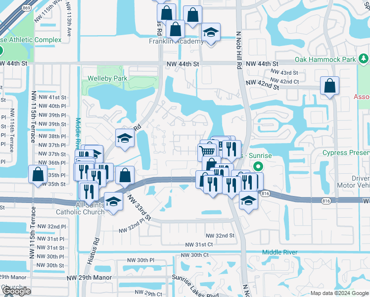 map of restaurants, bars, coffee shops, grocery stores, and more near 156 Winding Lake Road in Sunrise
