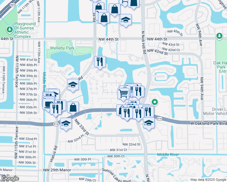 map of restaurants, bars, coffee shops, grocery stores, and more near 10057 Winding Lake Road in Sunrise