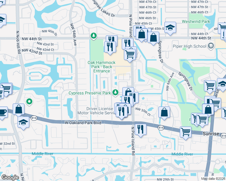 map of restaurants, bars, coffee shops, grocery stores, and more near 9010 Northwest 38th Place in Sunrise