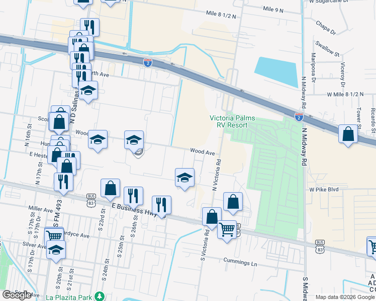 map of restaurants, bars, coffee shops, grocery stores, and more near 2901 Wood Avenue in Donna