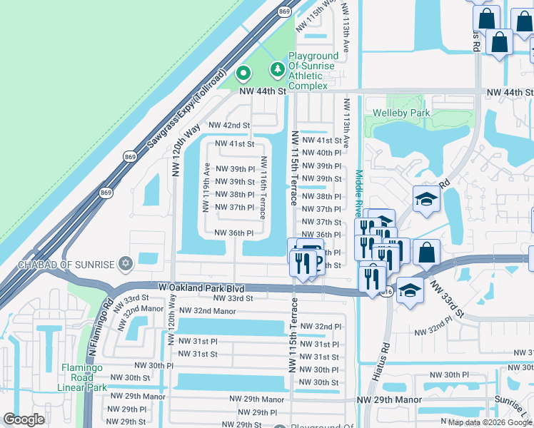 map of restaurants, bars, coffee shops, grocery stores, and more near 11650 Northwest 37th Street in Sunrise