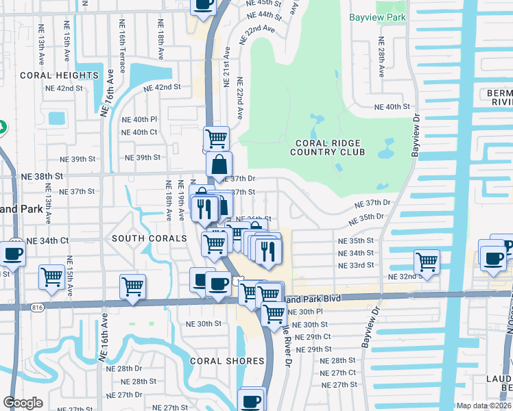 map of restaurants, bars, coffee shops, grocery stores, and more near 3600 Northeast 24th Avenue in Fort Lauderdale