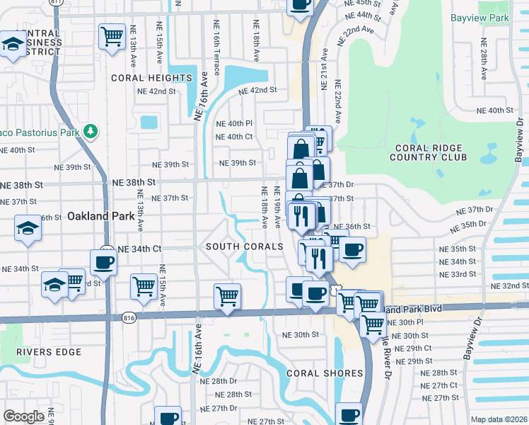 map of restaurants, bars, coffee shops, grocery stores, and more near 1789 Northeast 35th Street in Oakland Park