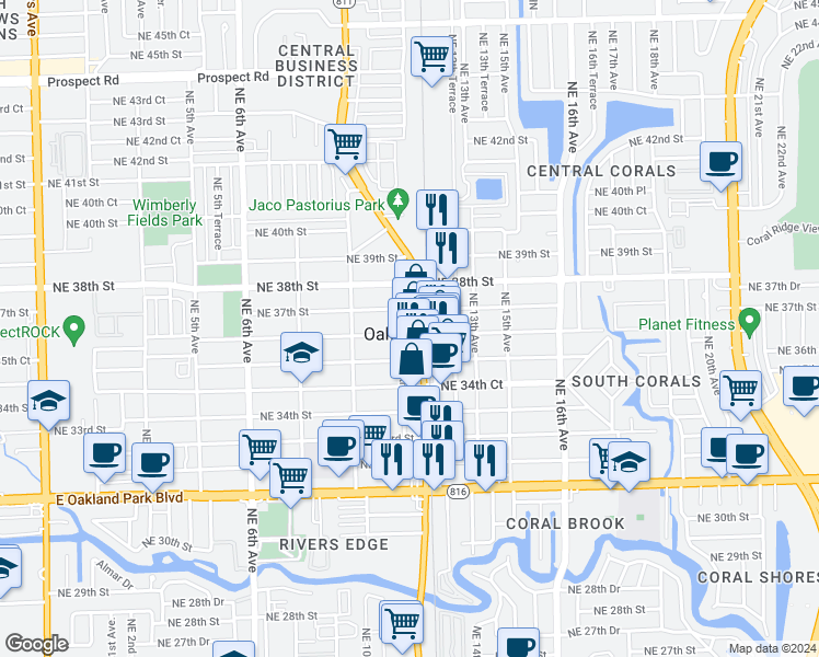 map of restaurants, bars, coffee shops, grocery stores, and more near in Oakland Park