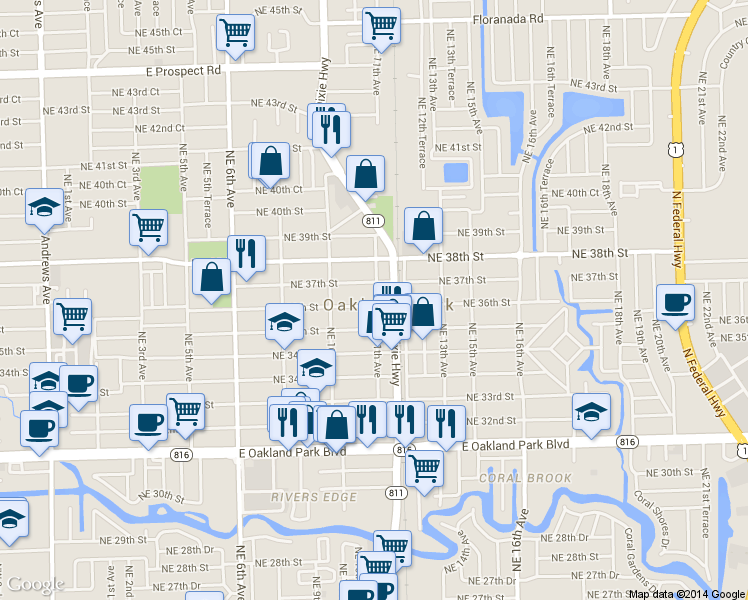 map of restaurants, bars, coffee shops, grocery stores, and more near 1078 Northeast 36th Street in Oakland Park