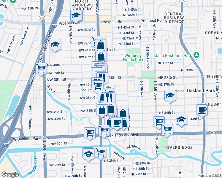 map of restaurants, bars, coffee shops, grocery stores, and more near 80 Northeast 36th Court in Oakland Park