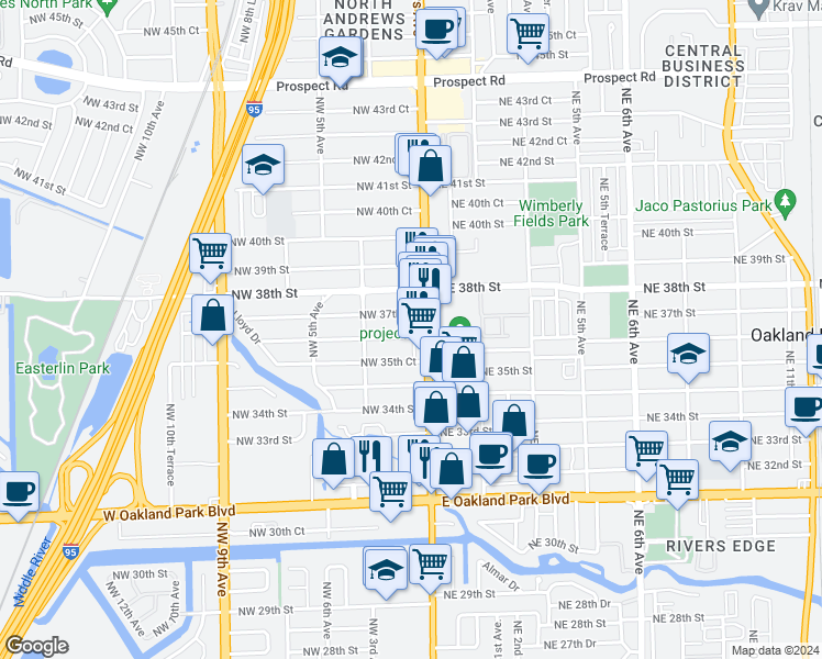 map of restaurants, bars, coffee shops, grocery stores, and more near 140 Northwest 36th Street in Oakland Park