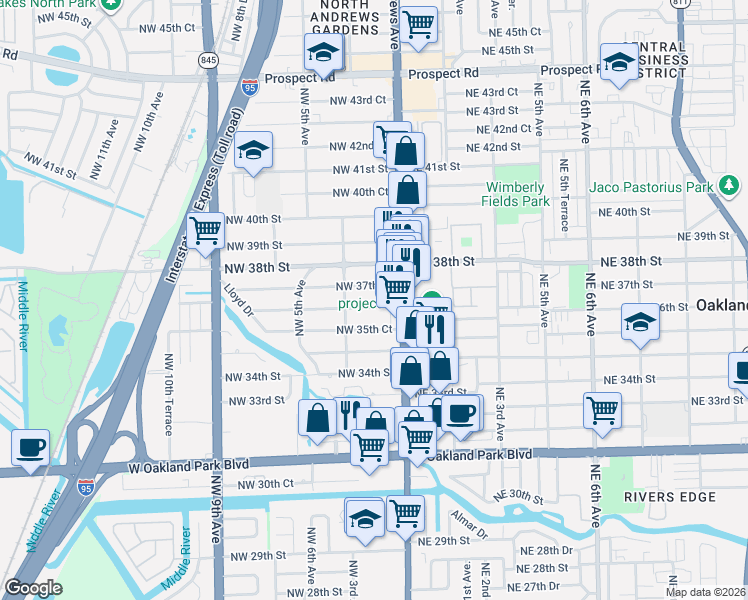 map of restaurants, bars, coffee shops, grocery stores, and more near 140 Northwest 36th Street in Oakland Park