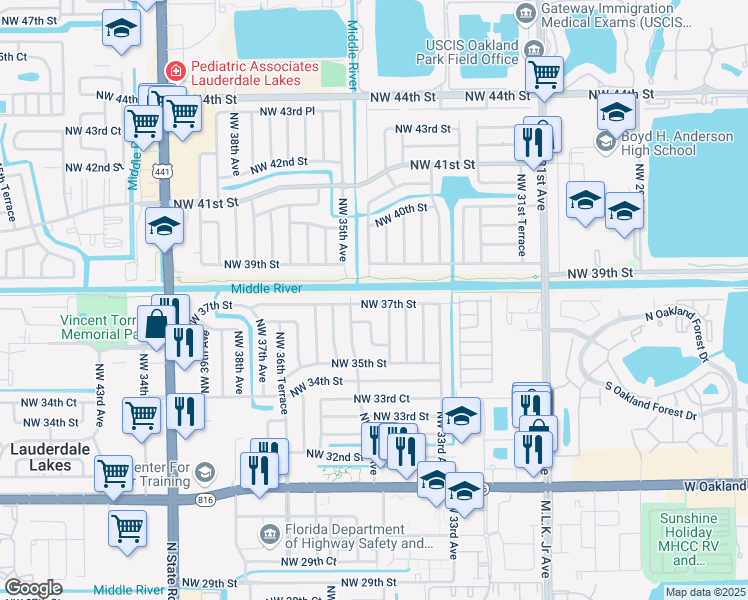 map of restaurants, bars, coffee shops, grocery stores, and more near 3470 Northwest 37th Street in Lauderdale Lakes