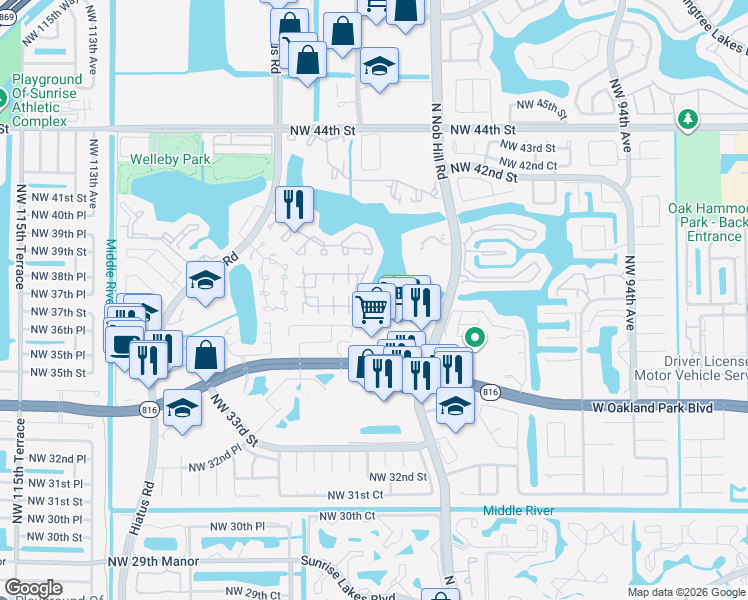 map of restaurants, bars, coffee shops, grocery stores, and more near 10006 Winding Lake Road in Sunrise