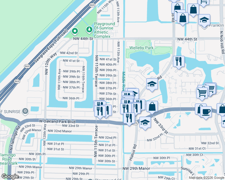 map of restaurants, bars, coffee shops, grocery stores, and more near 11350 Northwest 37th Street in Sunrise