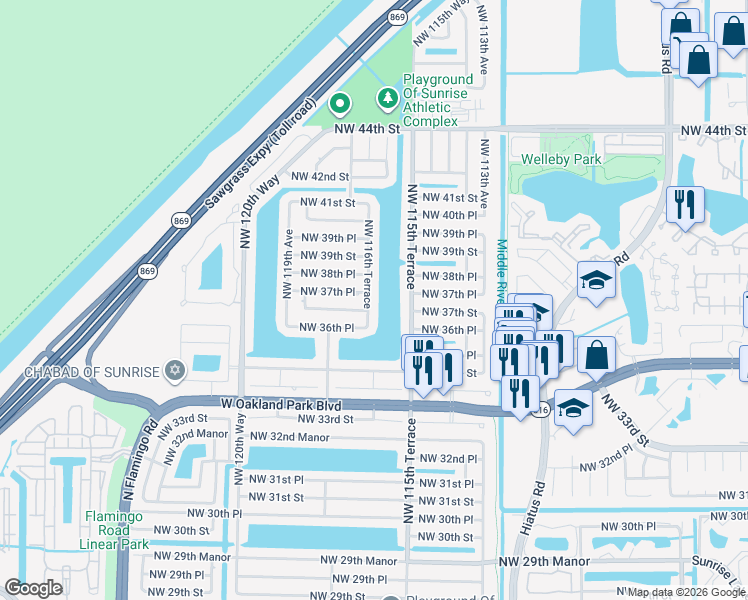 map of restaurants, bars, coffee shops, grocery stores, and more near 11650 Northwest 37th Street in Sunrise