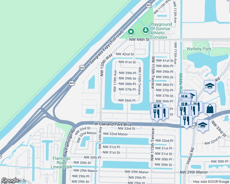 map of restaurants, bars, coffee shops, grocery stores, and more near 3660 Northwest 119th Avenue in Sunrise