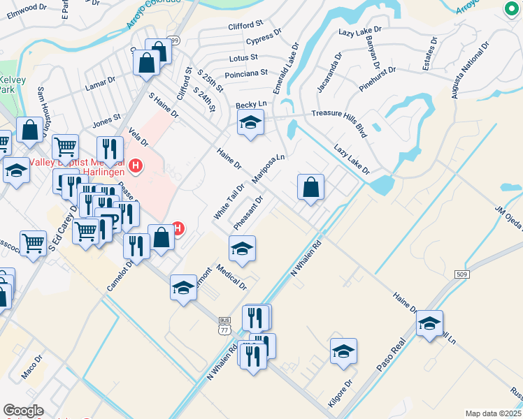 map of restaurants, bars, coffee shops, grocery stores, and more near 2020 Treasure Oaks Drive in Harlingen