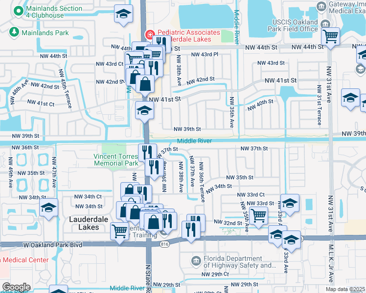 map of restaurants, bars, coffee shops, grocery stores, and more near 3731 Northwest 37th Street in Lauderdale Lakes