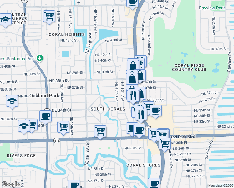 map of restaurants, bars, coffee shops, grocery stores, and more near 1789 Northeast 35th Street in Oakland Park