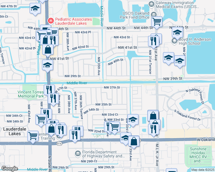 map of restaurants, bars, coffee shops, grocery stores, and more near 3470 Northwest 37th Street in Lauderdale Lakes
