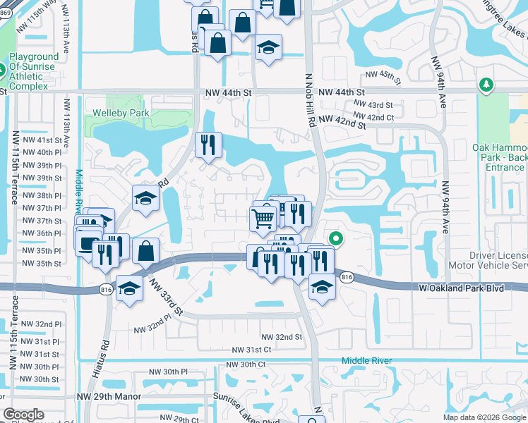 map of restaurants, bars, coffee shops, grocery stores, and more near 10006 Winding Lake Road in Sunrise