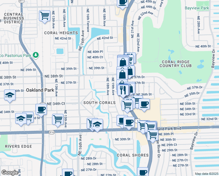 map of restaurants, bars, coffee shops, grocery stores, and more near 1789 Northeast 35th Street in Oakland Park