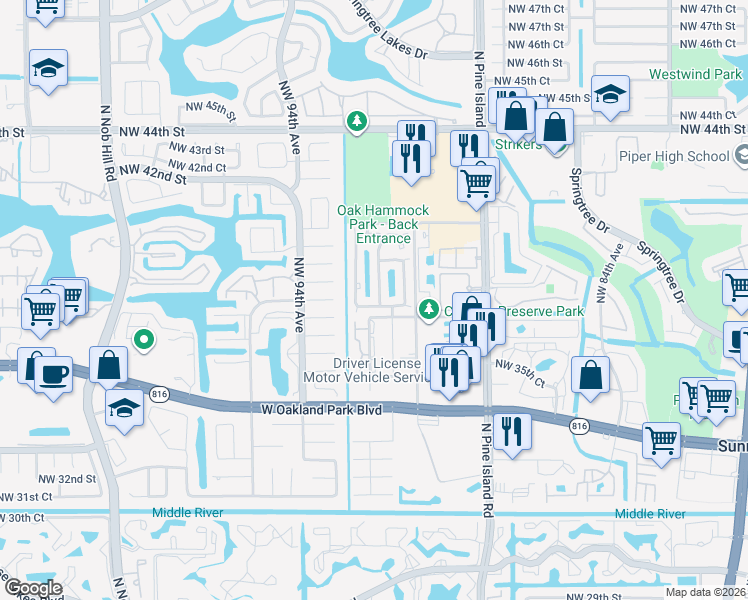 map of restaurants, bars, coffee shops, grocery stores, and more near 9148 Northwest 38th Place in Sunrise