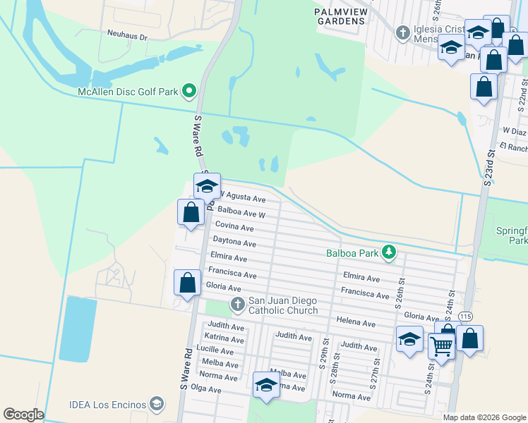map of restaurants, bars, coffee shops, grocery stores, and more near 3309 Balboa Avenue in McAllen