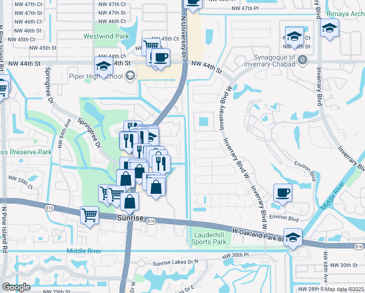 map of restaurants, bars, coffee shops, grocery stores, and more near 3880 Northwest 76th Terrace in Sunrise