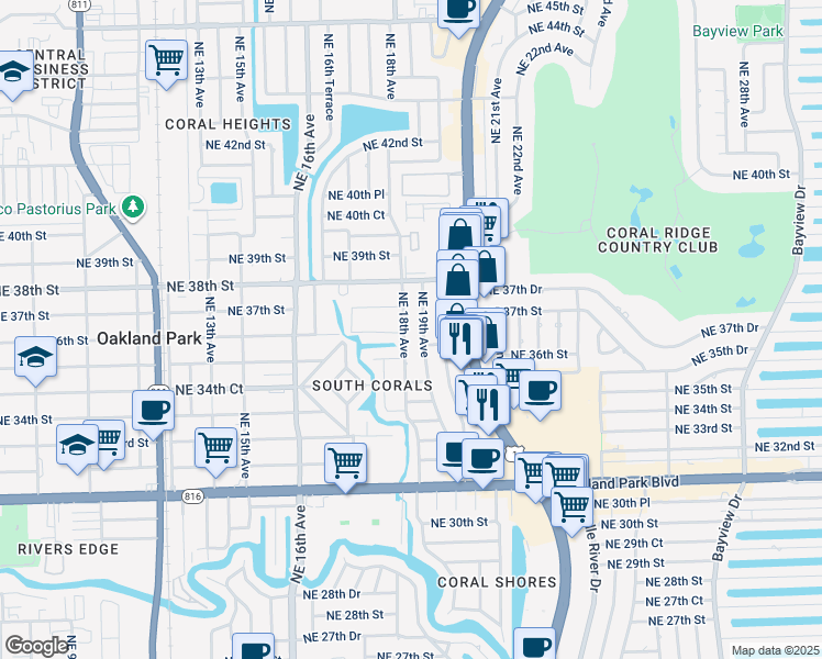 map of restaurants, bars, coffee shops, grocery stores, and more near 1789 Northeast 35th Street in Oakland Park