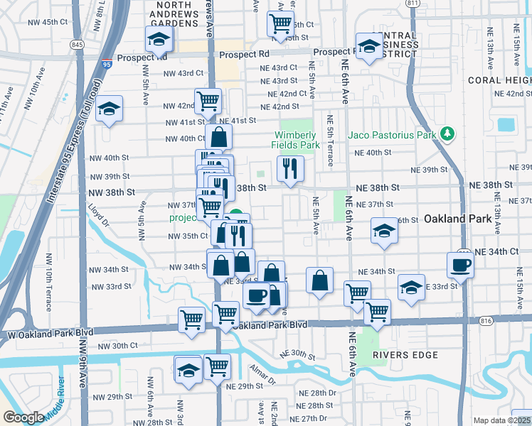 map of restaurants, bars, coffee shops, grocery stores, and more near 231 Northeast 35th Court in Oakland Park