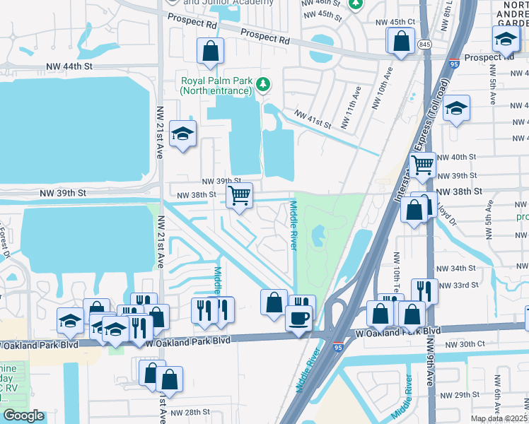 map of restaurants, bars, coffee shops, grocery stores, and more near 117 Royal Park Drive in Oakland Park