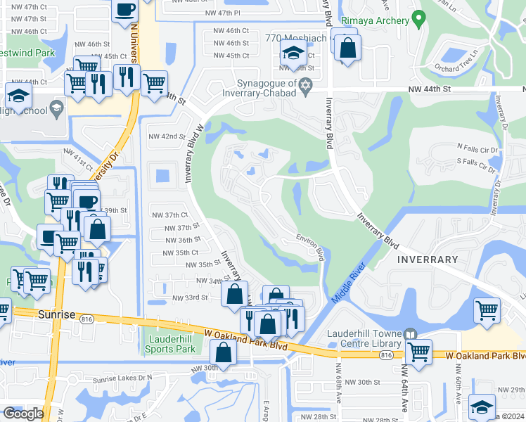 map of restaurants, bars, coffee shops, grocery stores, and more near 3771 Environ Boulevard in Lauderhill