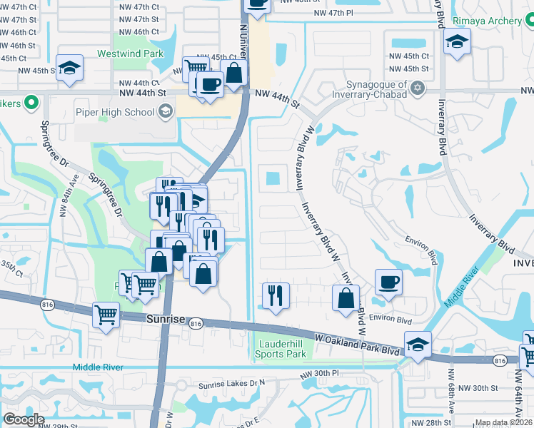 map of restaurants, bars, coffee shops, grocery stores, and more near 7421 Northwest 37th Street in Lauderhill