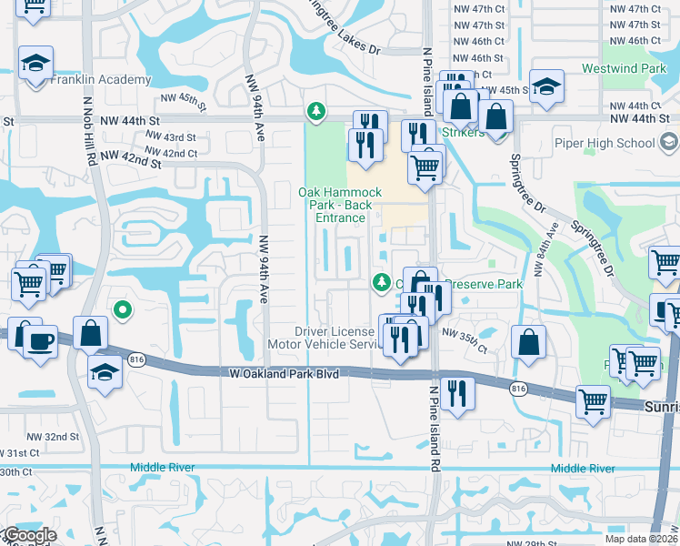 map of restaurants, bars, coffee shops, grocery stores, and more near 9148 Northwest 38th Place in Sunrise
