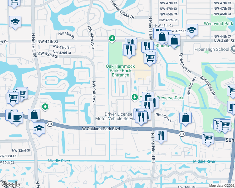 map of restaurants, bars, coffee shops, grocery stores, and more near 9148 Northwest 38th Place in Sunrise