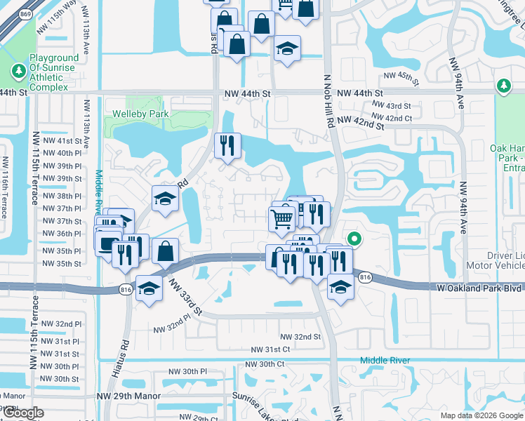 map of restaurants, bars, coffee shops, grocery stores, and more near 10057 Winding Lake Road in Sunrise