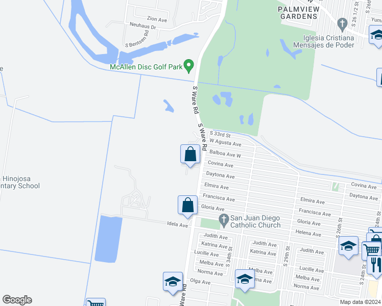map of restaurants, bars, coffee shops, grocery stores, and more near 3900 South Ware Road in McAllen