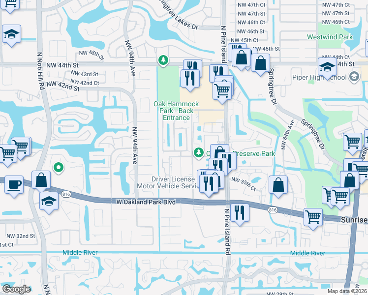 map of restaurants, bars, coffee shops, grocery stores, and more near 3811 Northwest 90th Way in Sunrise