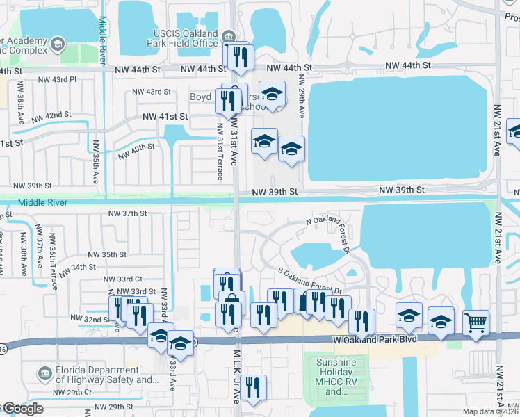 map of restaurants, bars, coffee shops, grocery stores, and more near 3083 North Oakland Forest Drive in Oakland Park