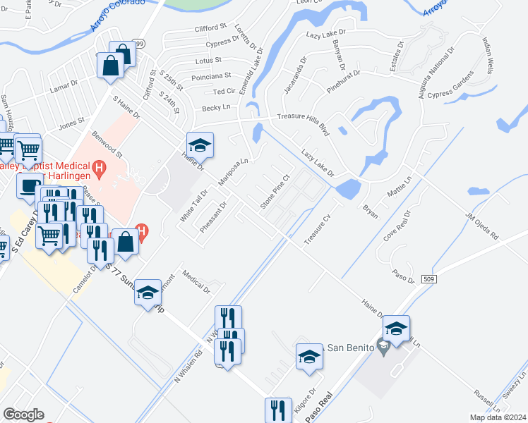 map of restaurants, bars, coffee shops, grocery stores, and more near 2206 Stone Pine Court in Harlingen