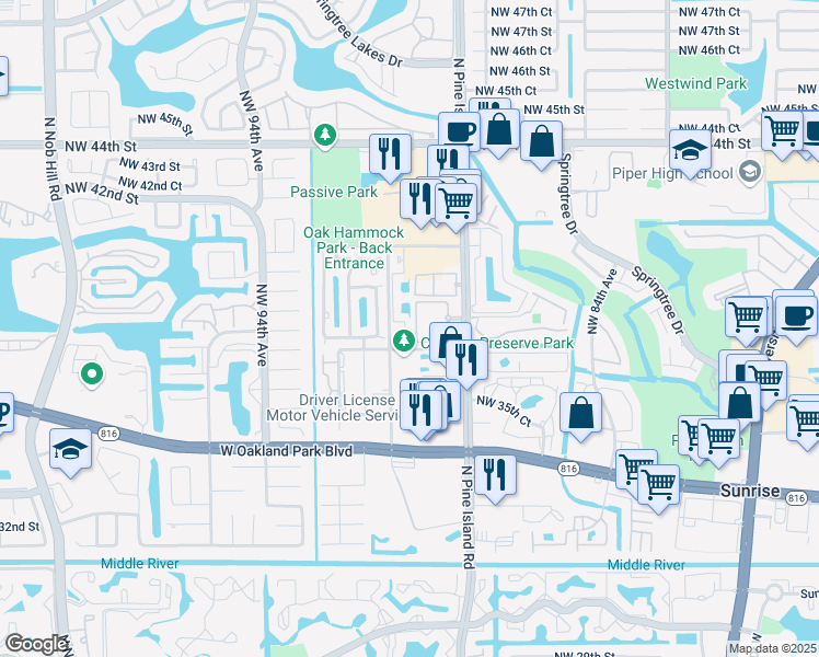 map of restaurants, bars, coffee shops, grocery stores, and more near 3800 Northwest 90th Avenue in Sunrise