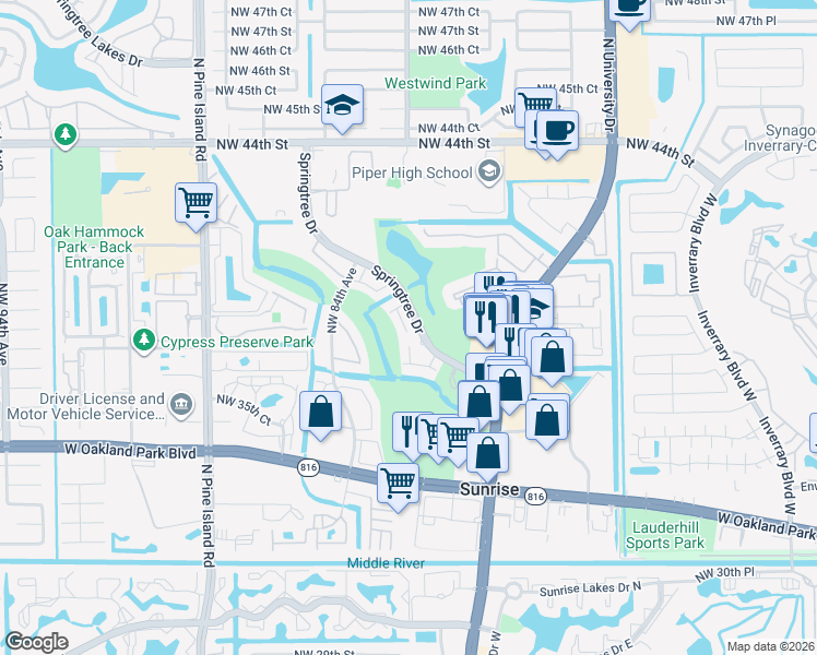 map of restaurants, bars, coffee shops, grocery stores, and more near 8261 Northwest 36th Street in Sunrise