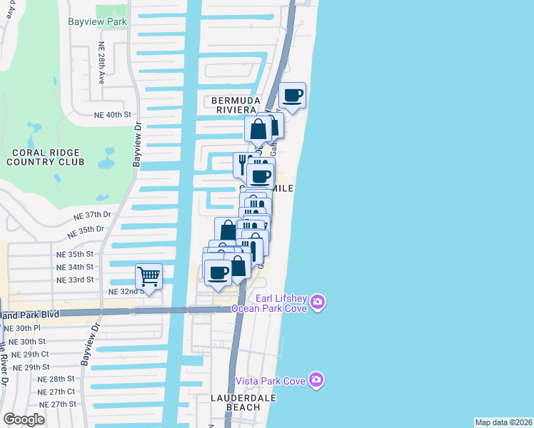 map of restaurants, bars, coffee shops, grocery stores, and more near 3701 Galt Ocean Drive in Fort Lauderdale