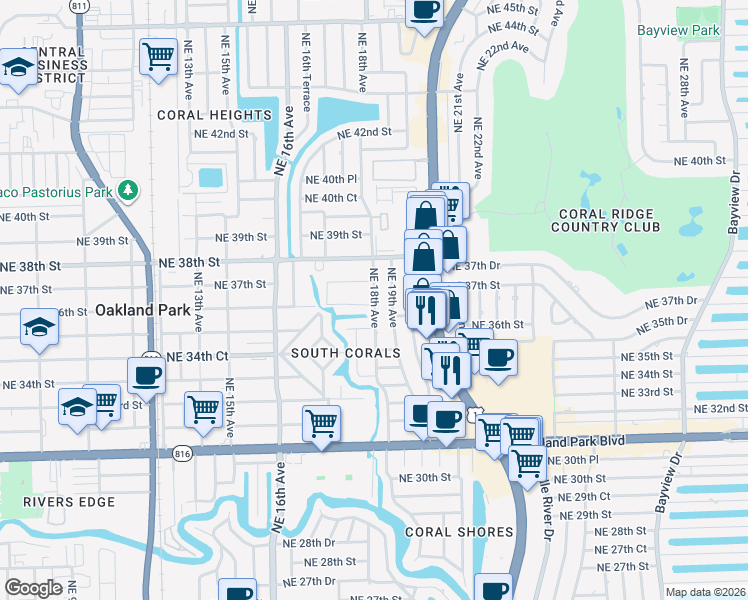 map of restaurants, bars, coffee shops, grocery stores, and more near 1789 Northeast 35th Street in Oakland Park