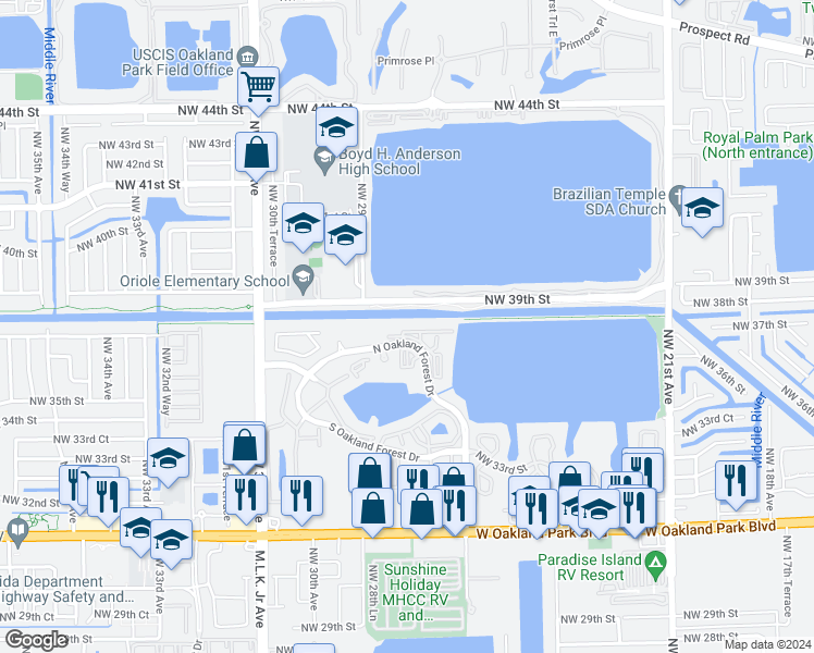 map of restaurants, bars, coffee shops, grocery stores, and more near 2890 North Oakland Forest Drive in Oakland Park