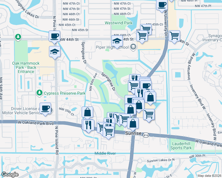 map of restaurants, bars, coffee shops, grocery stores, and more near 8261 Northwest 36th Street in Sunrise