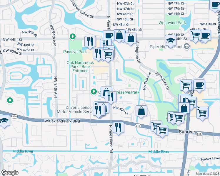 map of restaurants, bars, coffee shops, grocery stores, and more near in Sunrise