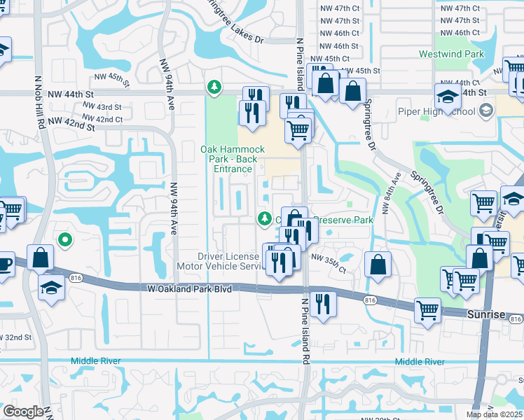 map of restaurants, bars, coffee shops, grocery stores, and more near 9010 Northwest 38th Place in Sunrise