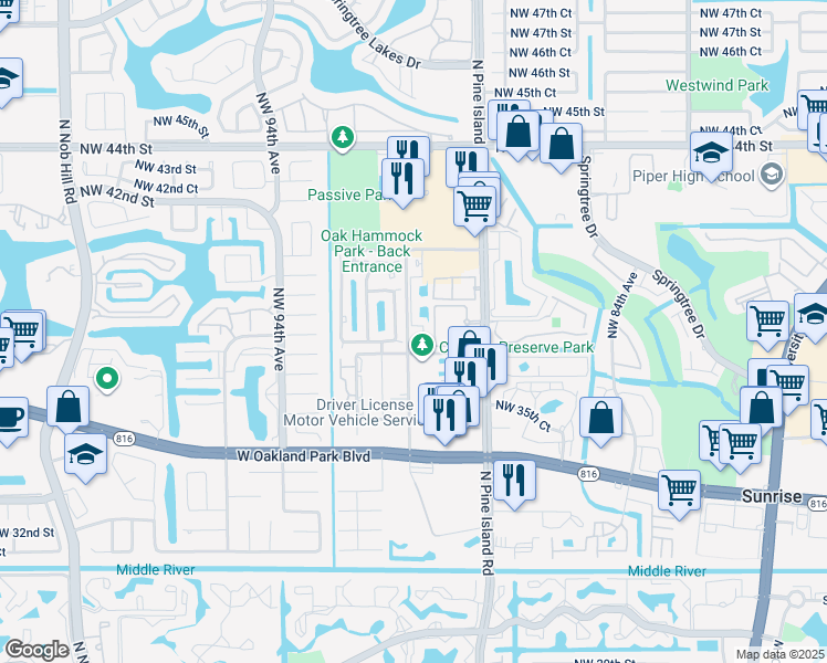 map of restaurants, bars, coffee shops, grocery stores, and more near 9010 Northwest 38th Place in Sunrise