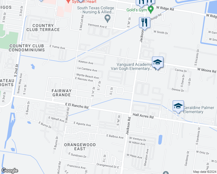 map of restaurants, bars, coffee shops, grocery stores, and more near 3013 South K Center in McAllen